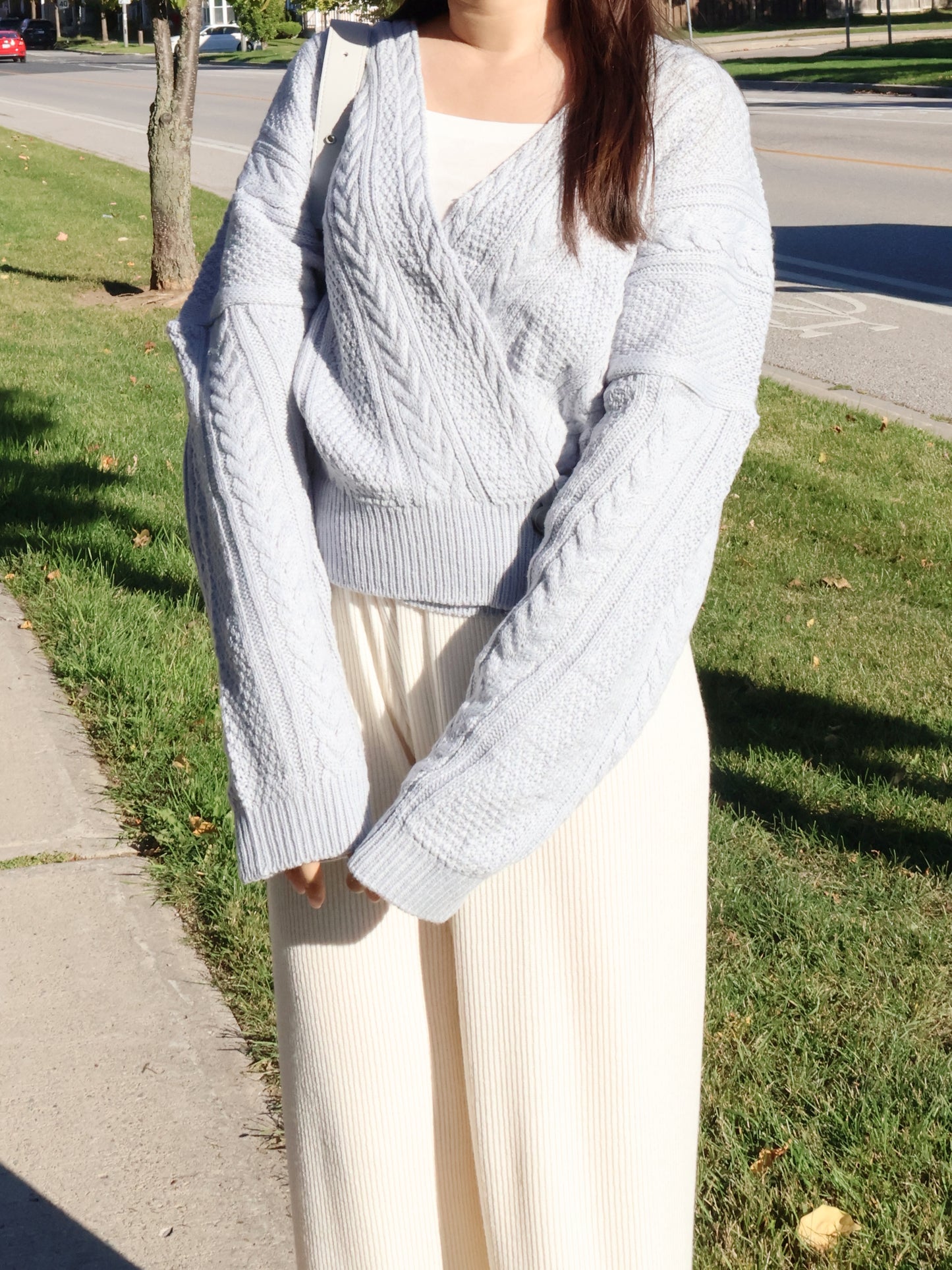 [2-WAYS] Elsa Cable Knit Oversized Cardigan(Grayish Blue)