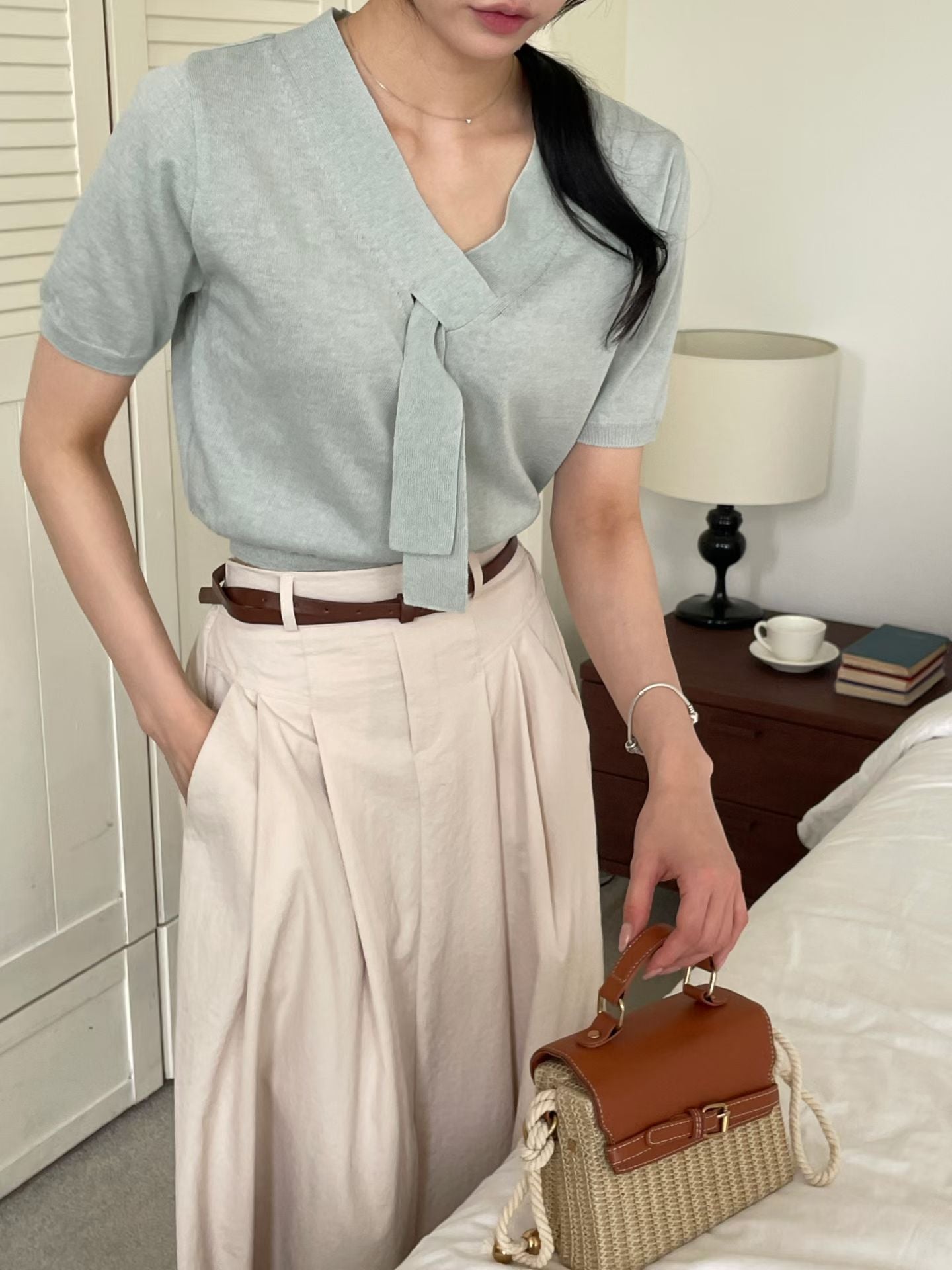 Lovely V-Neck Tie Linen Knit Top(4 Colors)