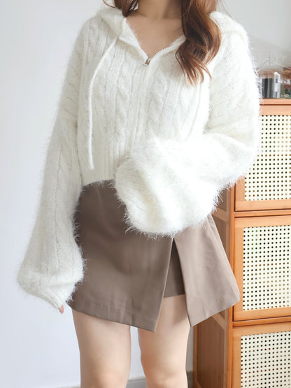 Festive Fluffy Zip Hooded Cardigan(Ivory)