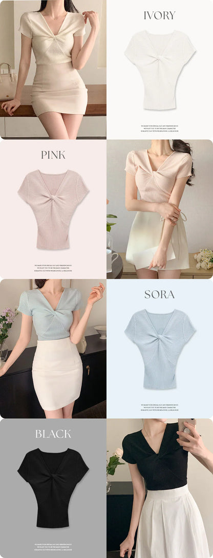 Slim-Fit Twist Stretch Knit Top(4 Colors)