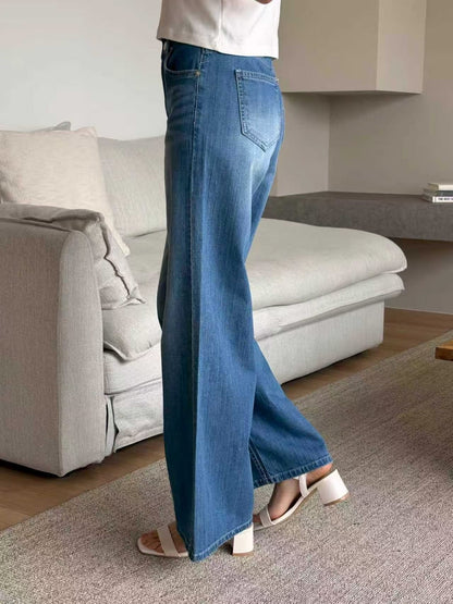 [Half Elastic Waist] Pajama-Soft Lightweight Stretchy Wide-Leg Bootcut Jeans(Dark Blue)
