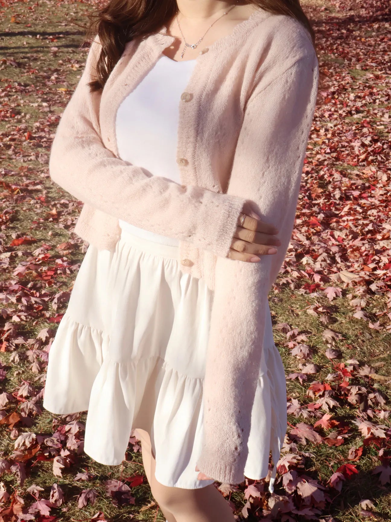 [25% WOOL] Sweet Lace Hollow-Out Cardigan(Peach)