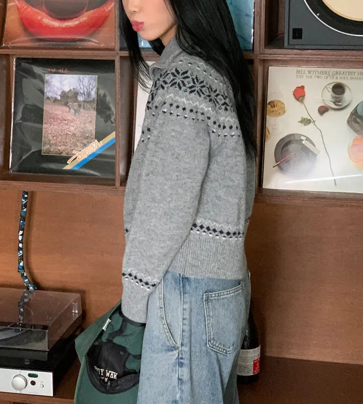 [2-WAYS] Nordic Style Snowflake Knit Zipper Jacket