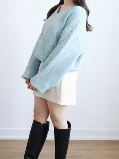 [10% WOOL] V-neck Mixed-color Mochi Sweater (Arctic Blue)