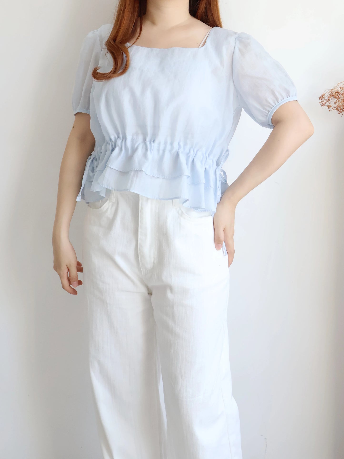 Airy Square-Neck Cinched Chiffon Blouse(Sky blue)