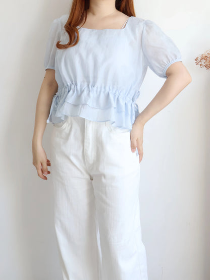 Airy Square-Neck Cinched Chiffon Blouse(Sky blue)