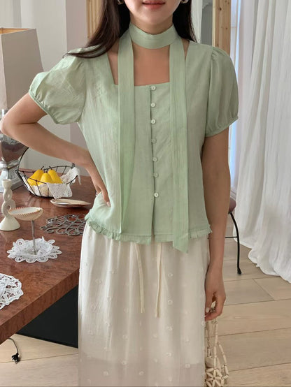 Romantic Square-Neck Buttoned Tencel Blouse(4 Colors)