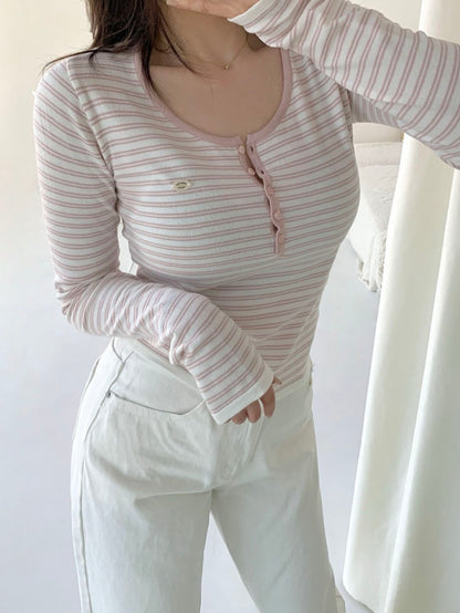 Parisian Striped Henley Knit Top(4 colors)