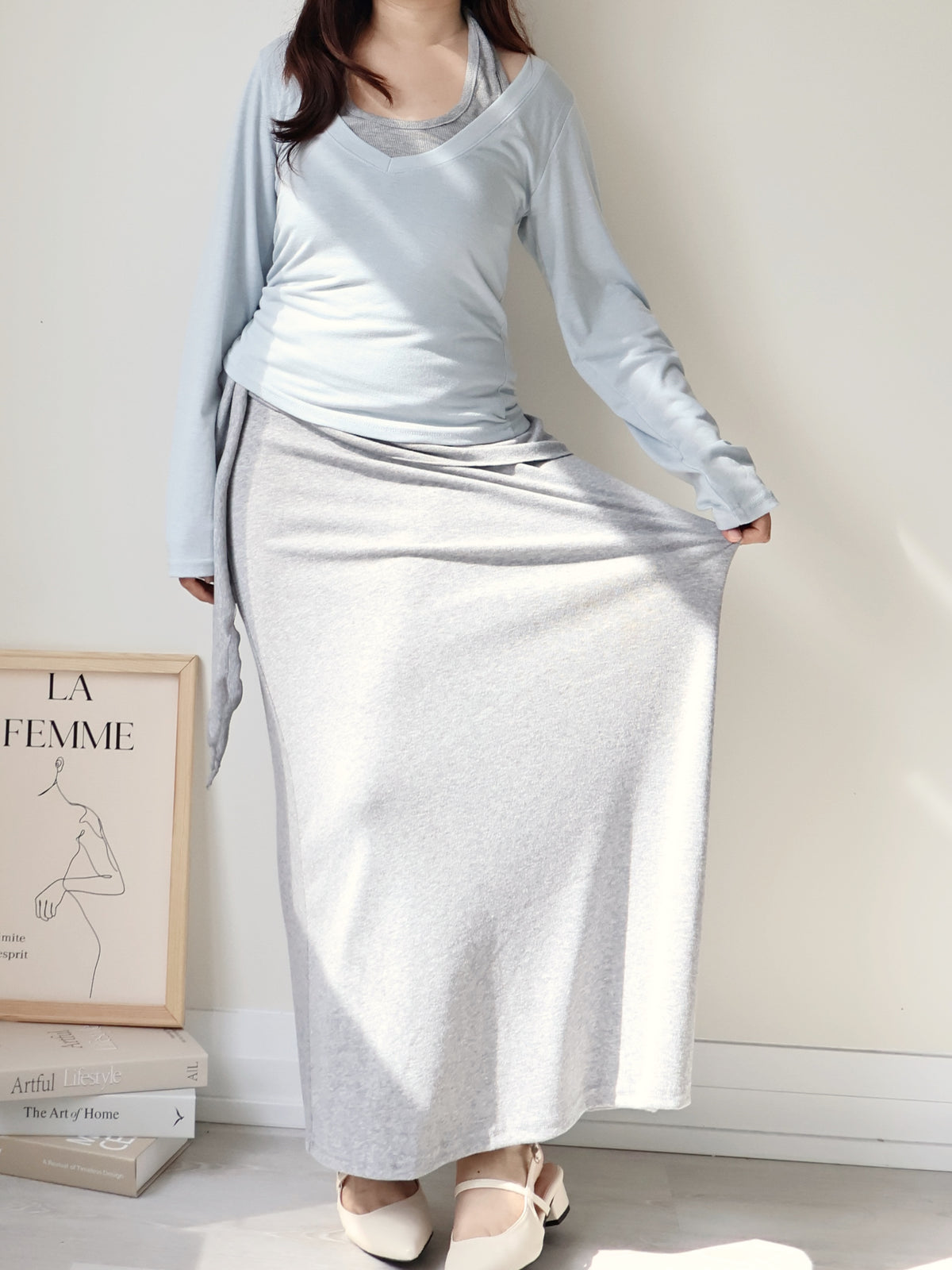 Flattering Tie-Waist Cotton Maxi Skirt(Grey)
