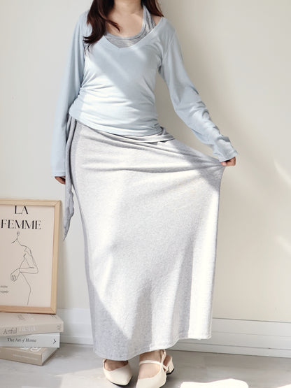 Flattering Tie-Waist Cotton Maxi Skirt(Grey)