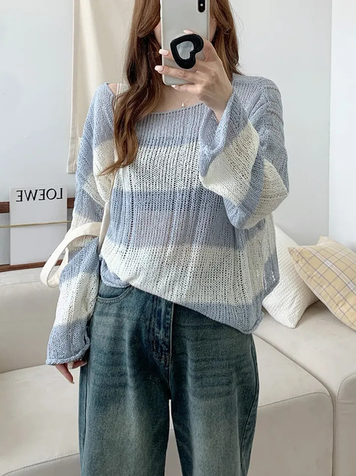 Soft Cable-Knit Colour-Block Top(Skyblue)