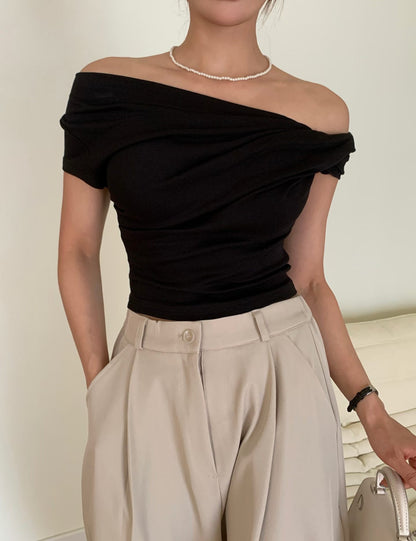2-Way Boatneck Off-Shoulder Draped Cotton Top(6 Colors)