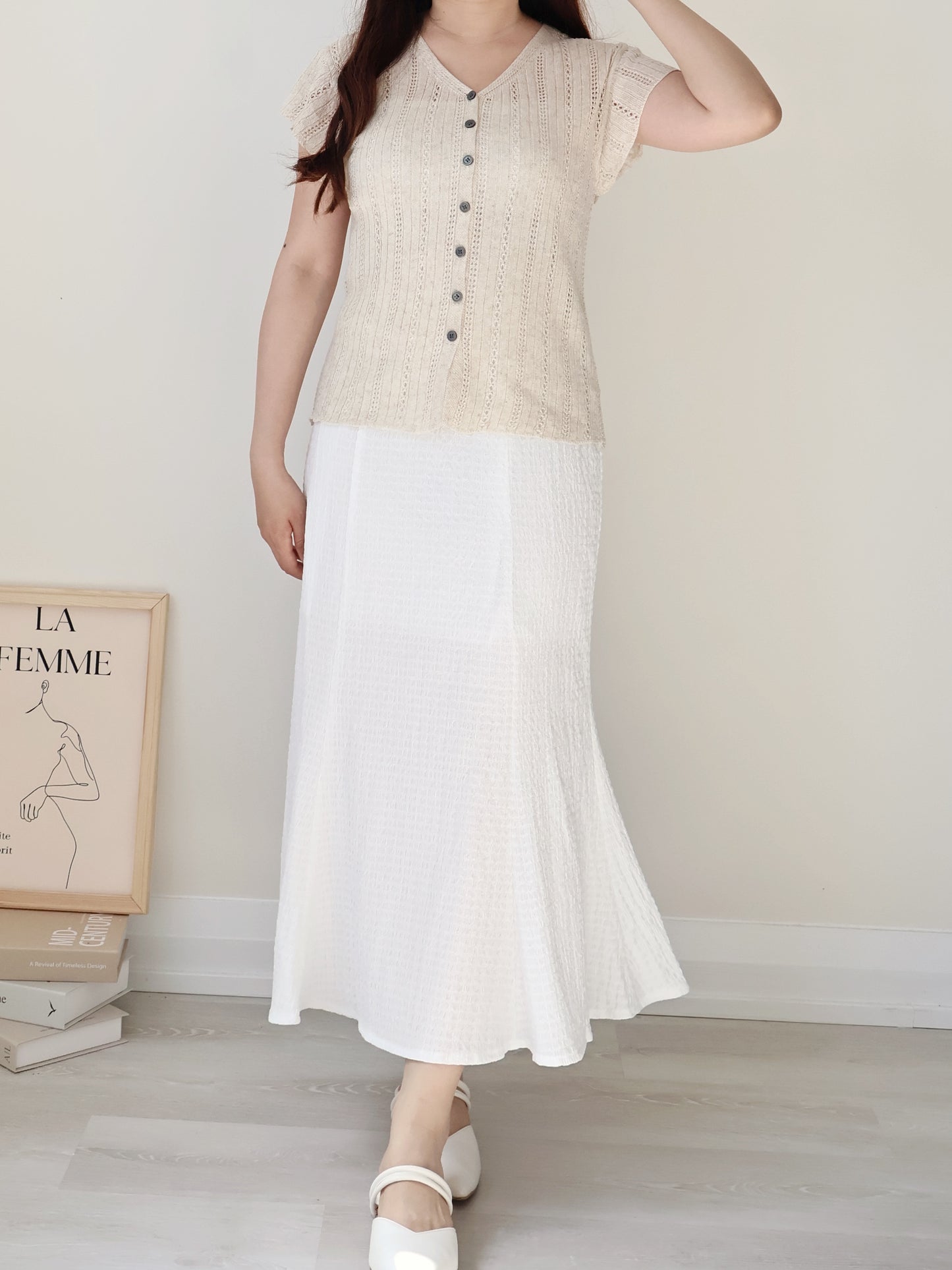 Breezy V-Neck Pointelle Flutter Sleeve Knit Top(Oatmeal beige)