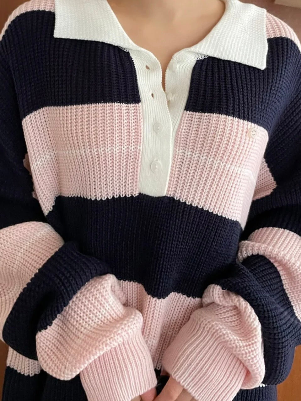 Relaxed Stripe Knit Top with Lapel Collar(4 colors)