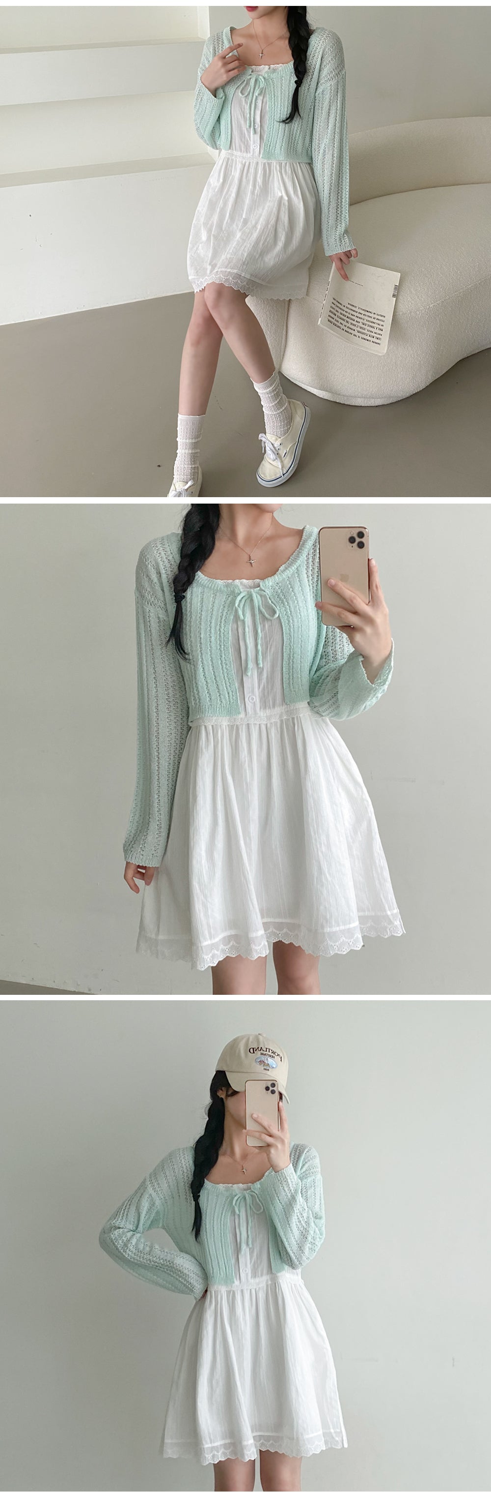 Romantic Ribbon Pointelle Knit Cropped Cardigan(5 colors)