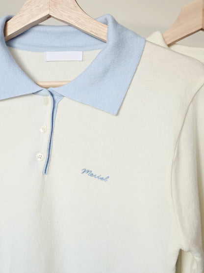 Teddy Collar Colour-Block Embroidered Soft Sweater(Cream)