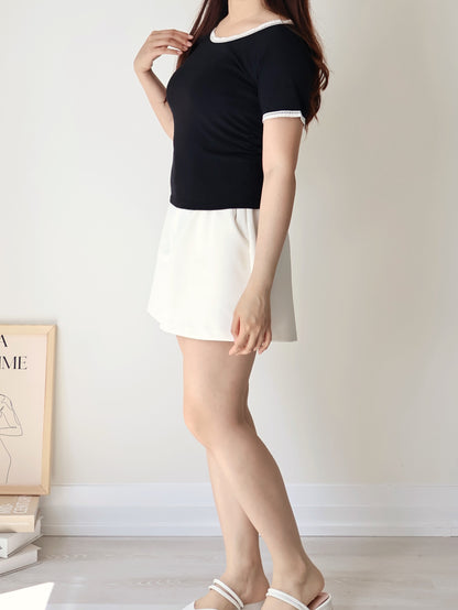 Elegant Slim-Fit Lace Trim Cotton Top(Black)