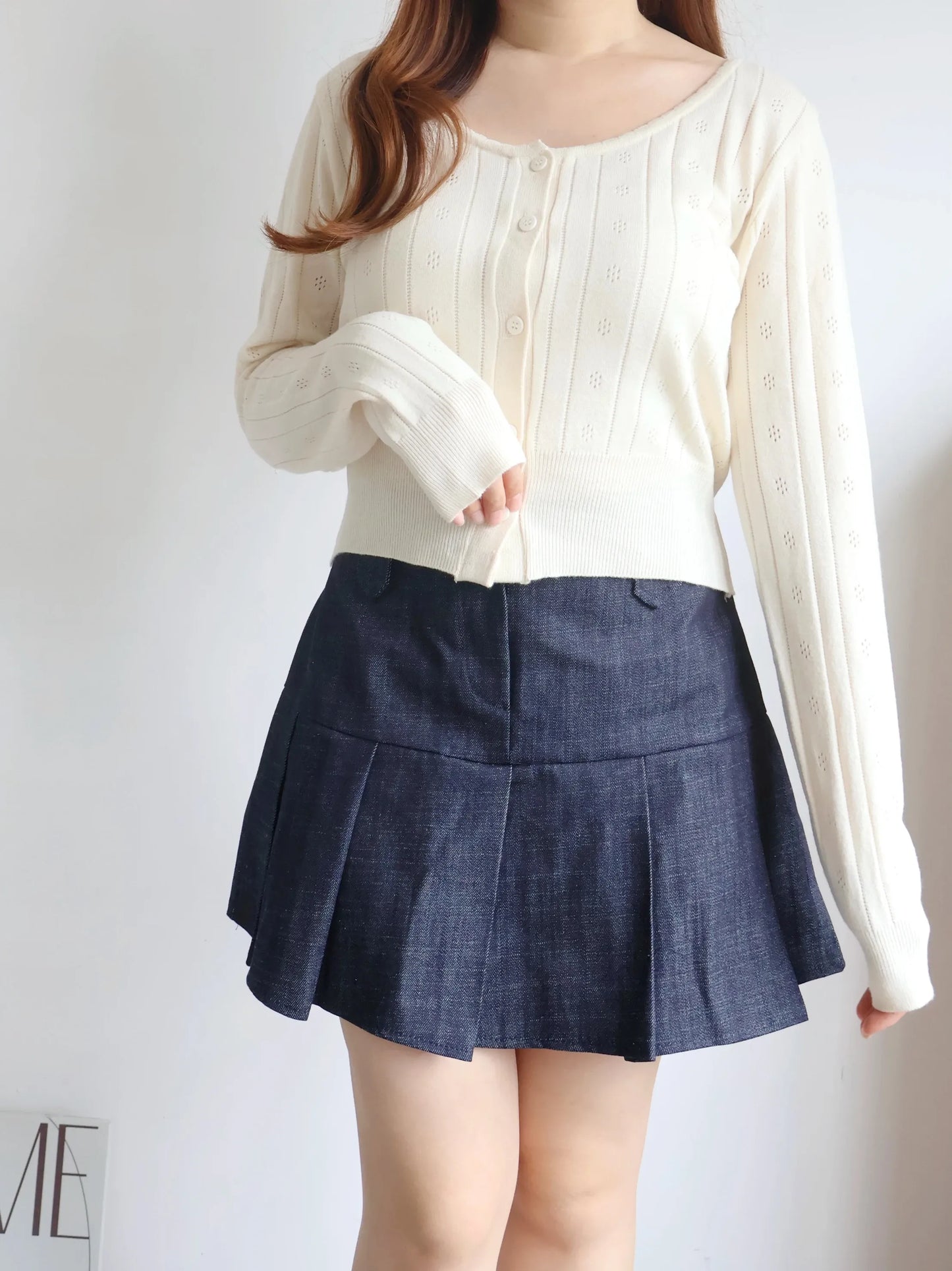 Soft Lace-Trim Eyelet Knit Cardigan(Cream)