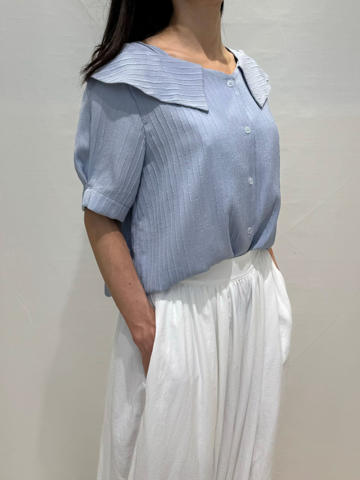 [Wrinkle-Free] Lapel Button-Front Textured Mid-Sleeve Blouse(4 colors)