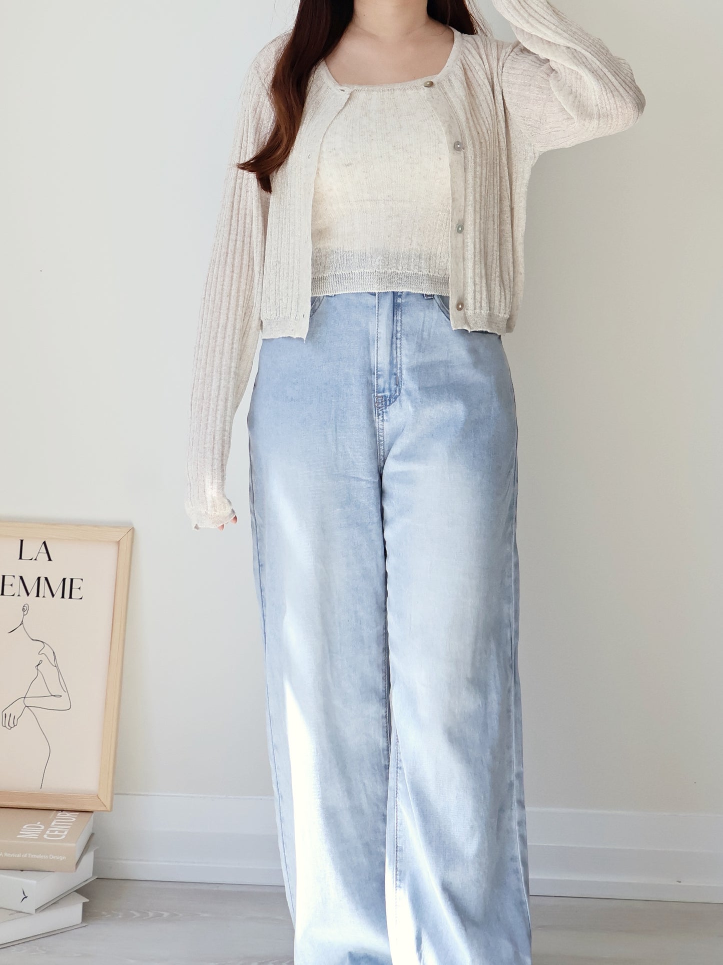 Breezy Cooling Linen Cami + Shell Button Cardigan Set(Oatmeal beige)