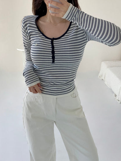 Parisian Striped Henley Knit Top(4 colors)