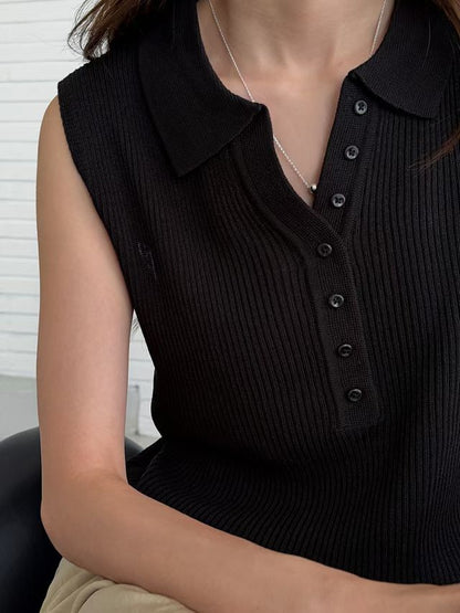 Lapel Half-Button Textured Stretch Knit Tank(2 colors)