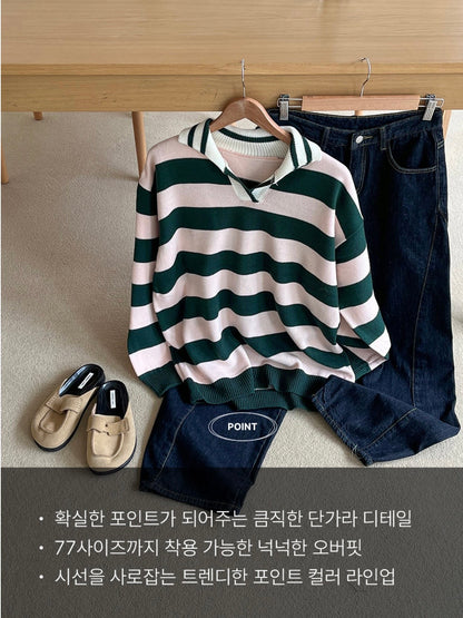 Rugby Stripe Oversized Collar Knit Sweater(4 colors)