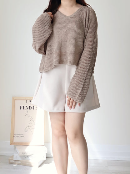 Earth Tone V-Neck Relaxed Knit Top(Brown)