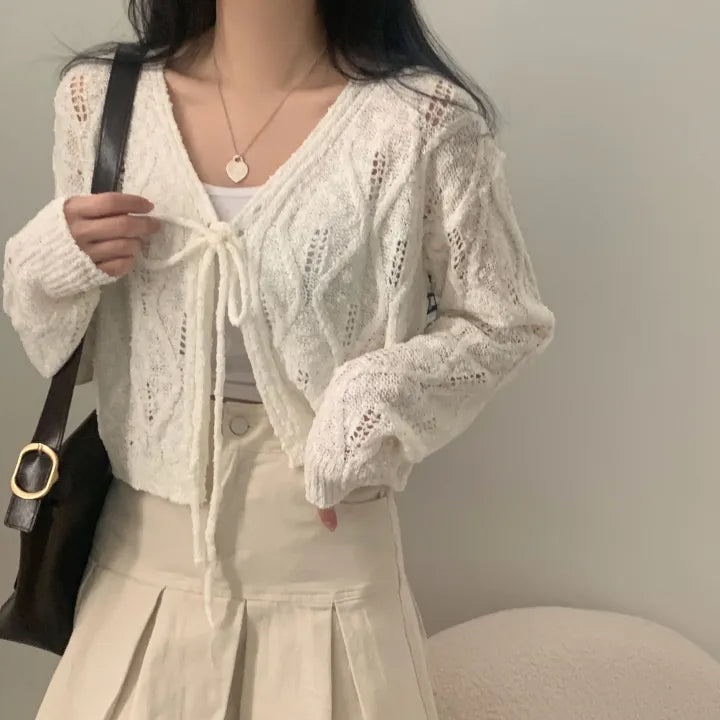 V-Neck Pointelle Tie-Front Knit Cardigan(5 colors)