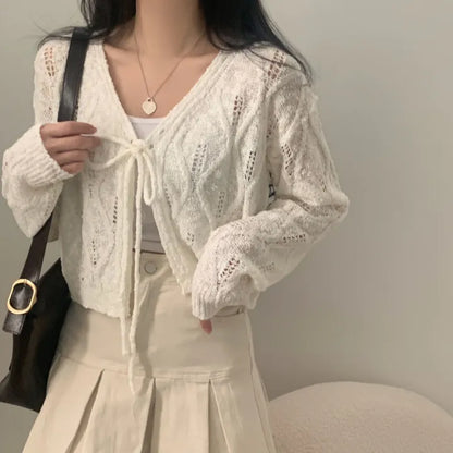 V-Neck Pointelle Tie-Front Knit Cardigan(5 colors)
