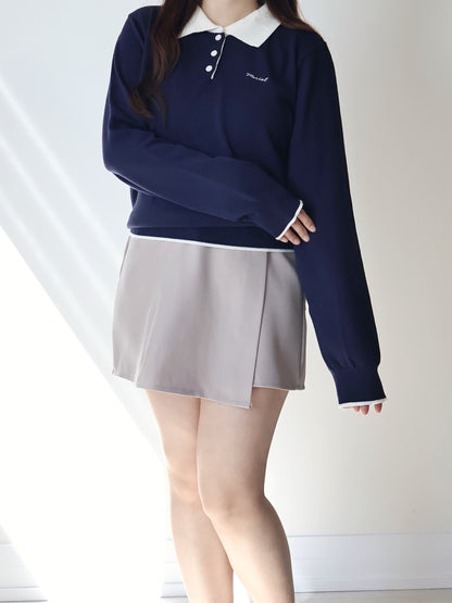 Teddy Collar Colour-Block Embroidered Soft Sweater(Navy)