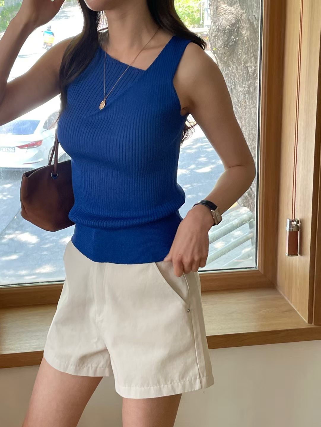 Simple Asymmetric-Neck Linen Knit Tank(5 Colors)