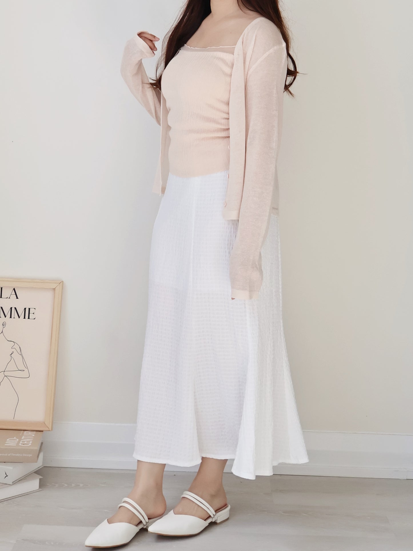 [Wrinkle-Free] Elegant Crinkle Mermaid Midi Skirt(Ivory)