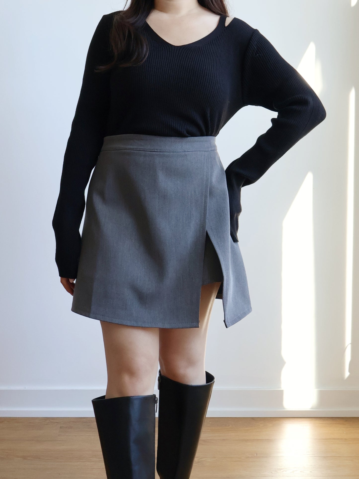 V-neck High-elastic Knit Top(Black)