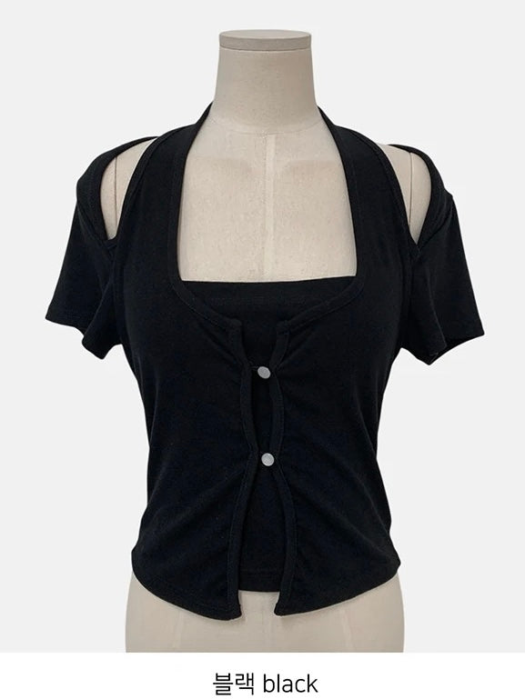 Effortless Soft-Touch Faux-Layered Halter Top(Black)