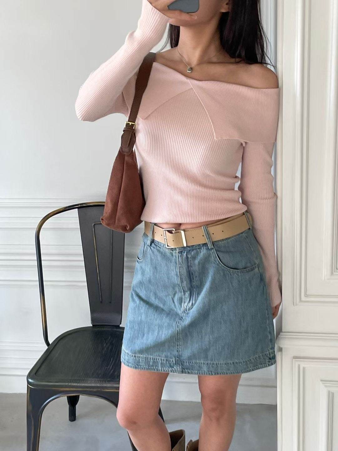 Wide Lapel Collar Off-Shoulder Knit Top(4 colors)