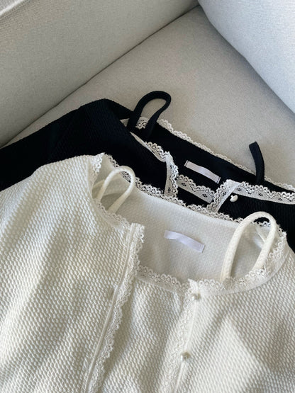 Elegant Pearl Button Lace Trim Two-Piece Set(Ivory)