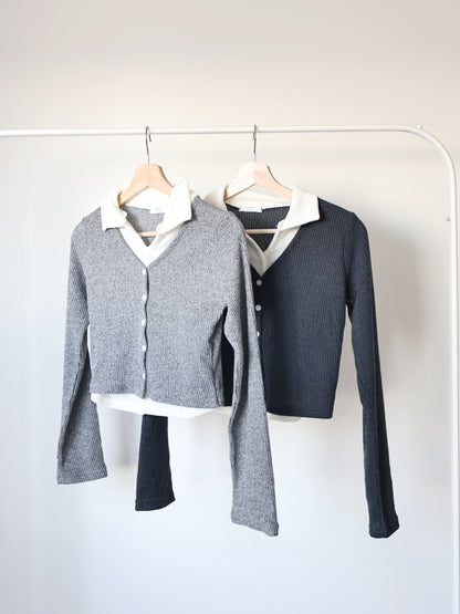 Faux Layered Lapel Button Top(Charcoal)