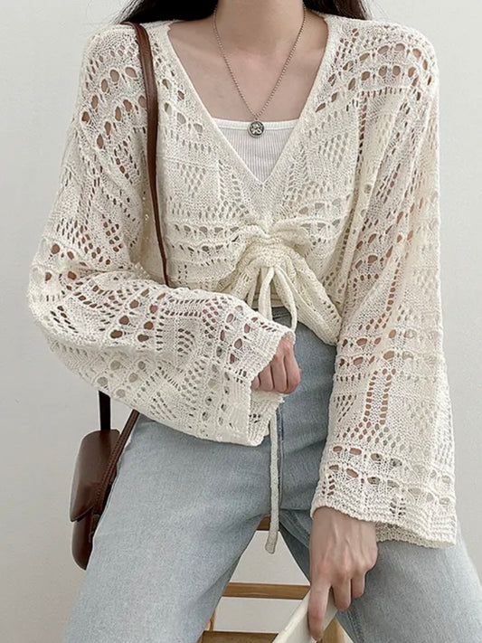Relaxed V-Neck Drawstring Pointelle Knit Top(5 colors)