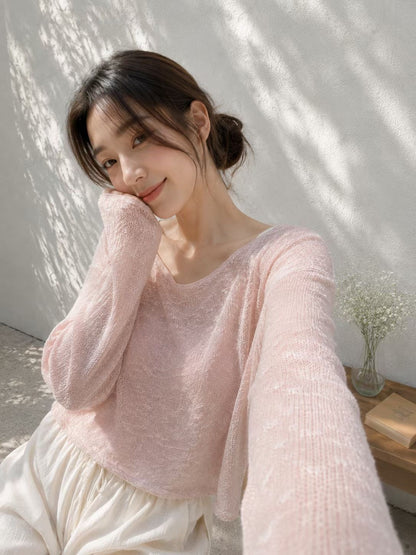 Dreamy Boat Neck Melange Sheer Sweater(4 colors)
