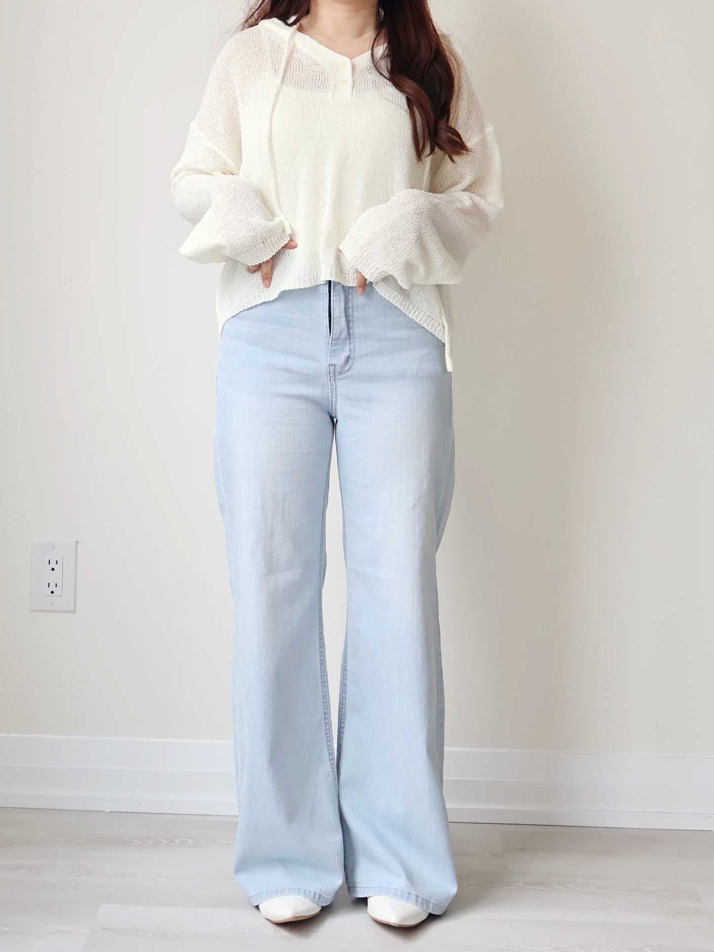 [Half Elastic Waist] Pajama-Soft Lightweight Stretchy Wide-Leg Bootcut Jeans(Light Blue)