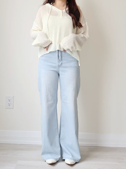 [Half Elastic Waist] Pajama-Soft Lightweight Stretchy Wide-Leg Bootcut Jeans(Light Blue)
