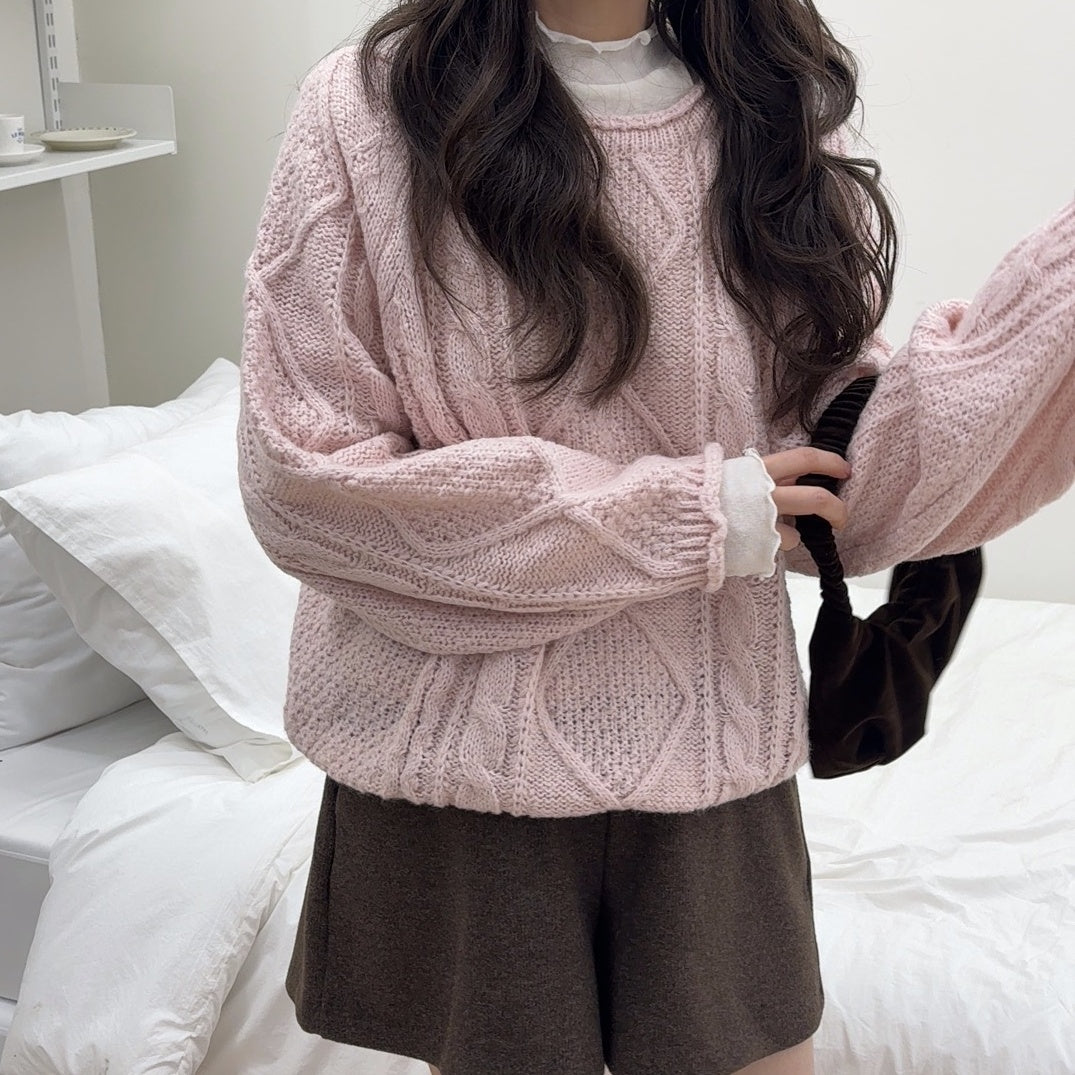 Round Neck Cable Knit Sweater(4 colors)