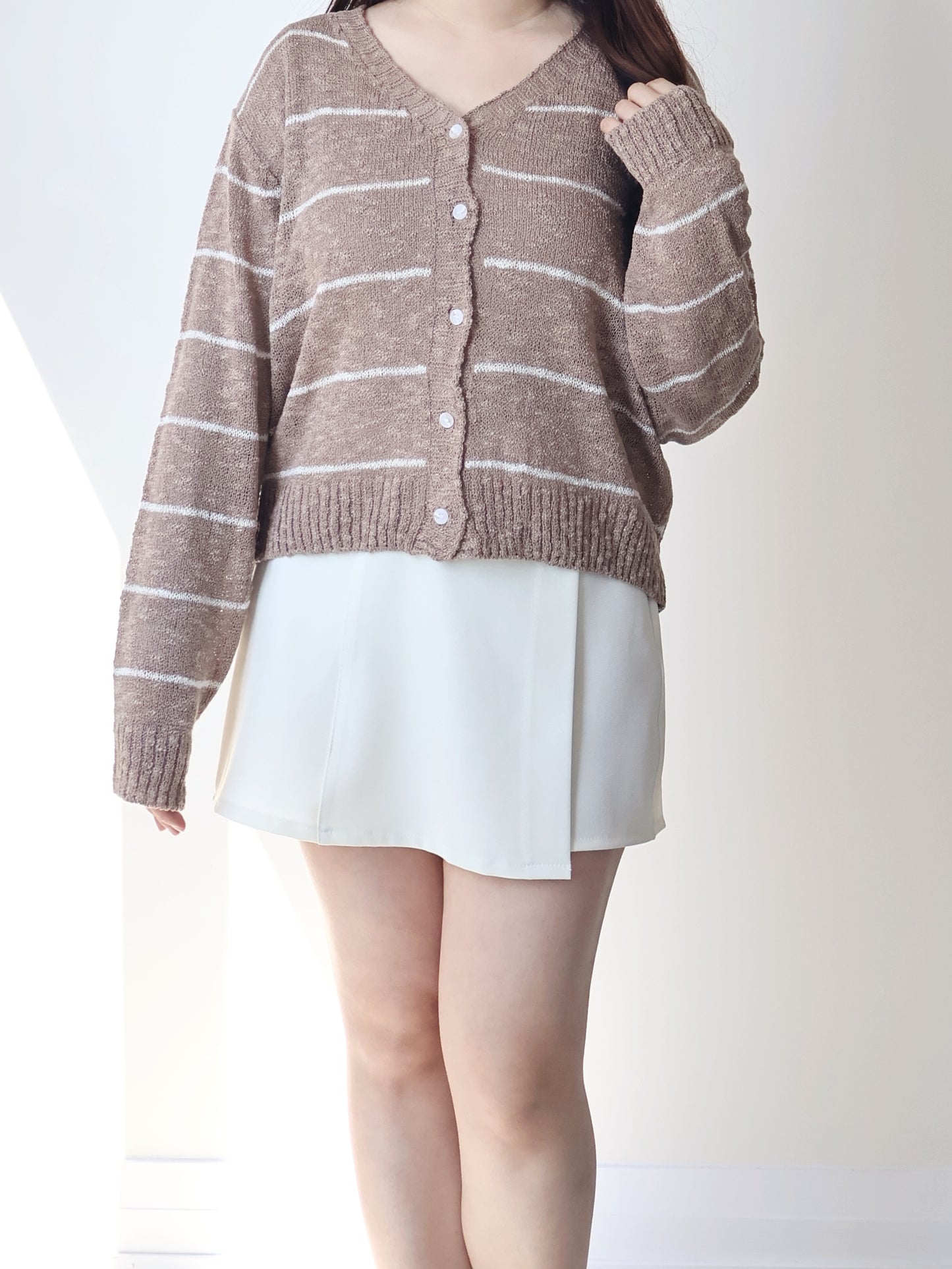 Minimalist Striped Snowy Yarn Cardigan(Brown)