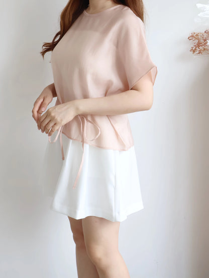 Elegant Tie Detail Flutter-Sleeve Tencel Blouse(Peach)