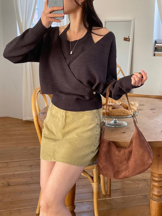 Elegant Rune Brooch Wrap Layered Knit Top(4 Colors)