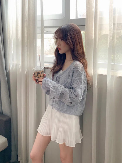 V-Neck Pointelle Tie-Front Knit Cardigan(5 colors)
