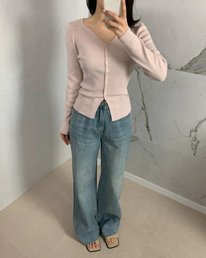 Elegant Sweetheart Neckline Button-Front Stretch Knit Top(5 colors)