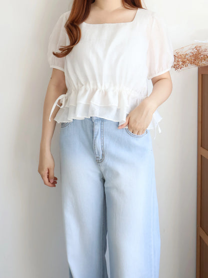 Airy Square-Neck Cinched Chiffon Blouse(Ivory)