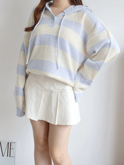 Misty Striped Knit Hoodie(Cream x Sky Blue)